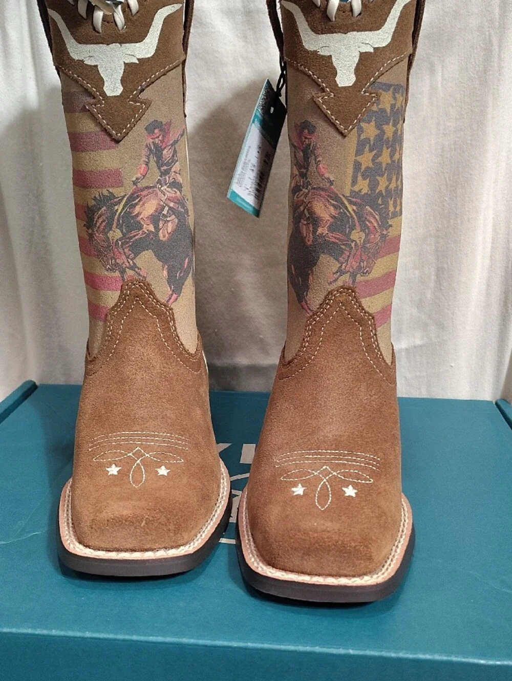Ariat Brown Suede Western Boots with Patriotic Printed Shaft